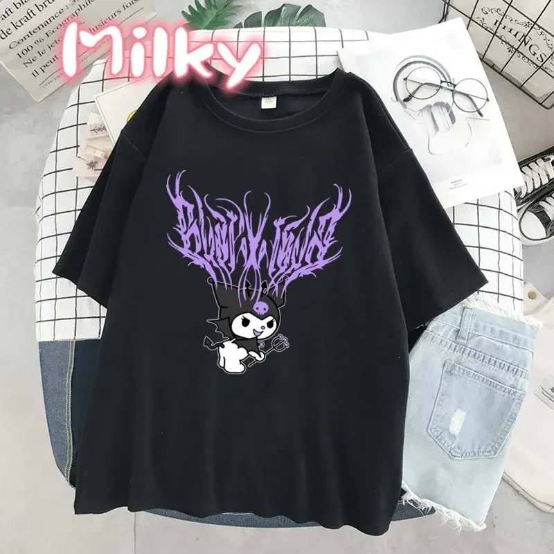 Punk Gothic Kuromi Print Short Sleeve Melody T-shirt Women Tops Summer Streetwear O-neck Harajuku Cartoon Tshirt Girls Crush Tee 2
