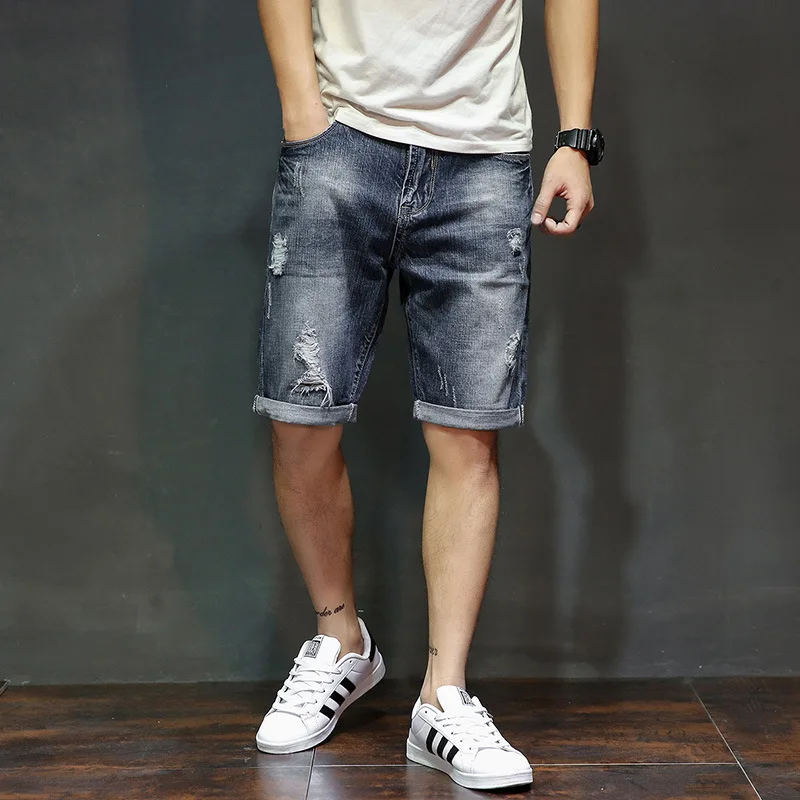 Summer New Men's Denim Shorts Fashion Slim Fit Elastic Cotton Blue Wash Ripped Jeans Male Brand Clothes 42