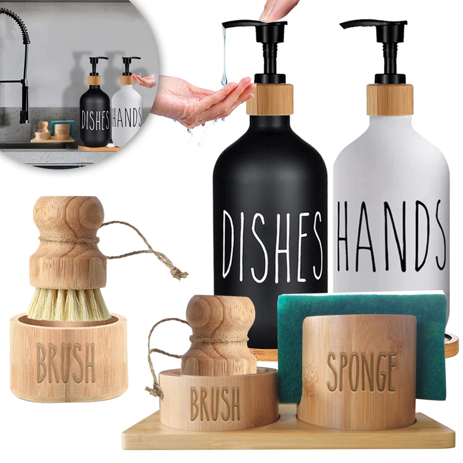 Kitchen Soap Dispenser Sink Brush Sponge Caddy Holder Tray Farmhouse Home Countertop Dish Hands Soap Bottle Kitchen Accessories