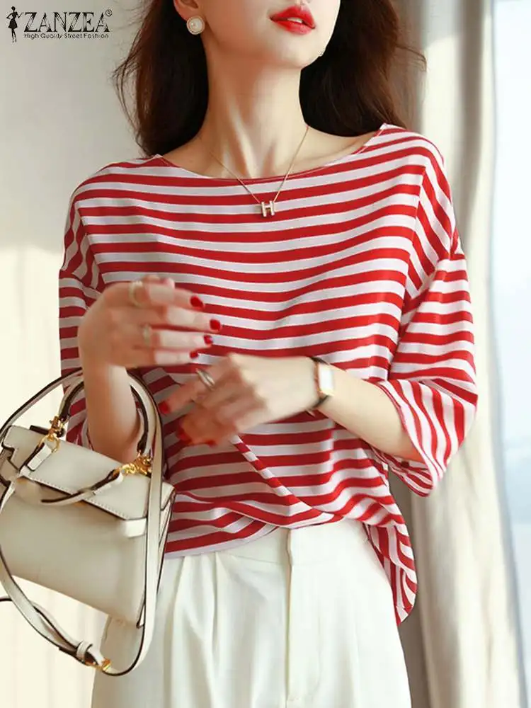 

ZANZEA Elegant Women O Neck Half Sleeve Casual Holiday Tops 2023 Fashion OL Work Shirt Female Loose Blusas Summer Striped Blouse