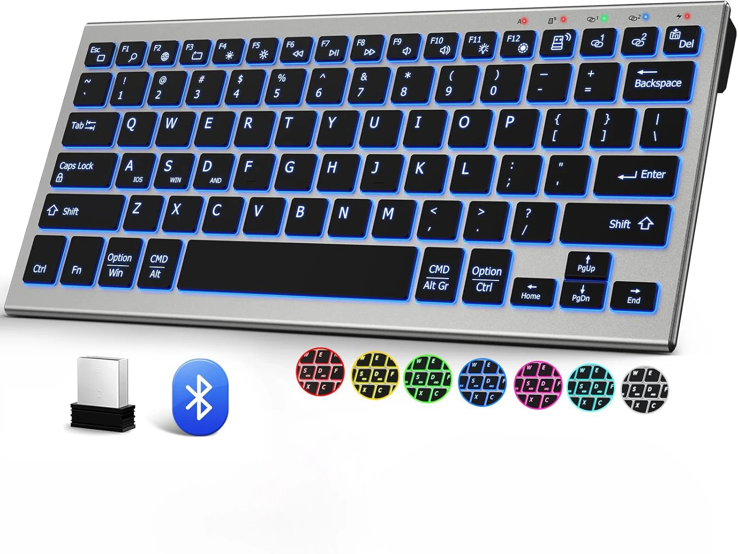 JOMAA Bluetooth-Funktastatur mit 7-farbiger Hintergrundbeleuchtung, wiederaufladbar, kompakt, kabellos, für Windows-PCs_voghion.com