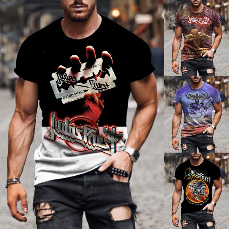 

Judas Priest Rock Band Men's 3D Printed T-shirt, Men's Casual Street T-shirt, Oversized Loose Short-sleeved T-shirt