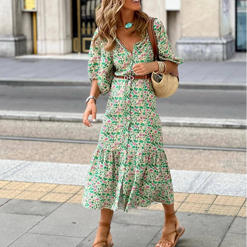 

Early Autumn New Fashion Print Dress Commuting Elegant Lantern Sleeve Shirt Dress Women Casual Summer Button Beach Boho Dresses