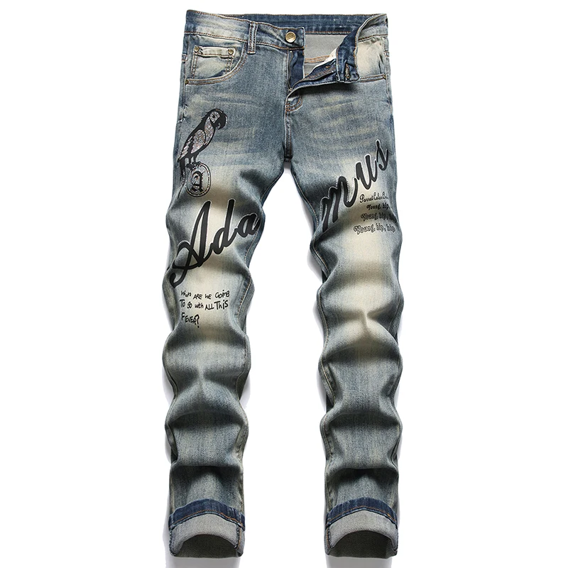 2022 Retro Blue Men's Printed Bead Jeans Casual Slim Cotton Trousers