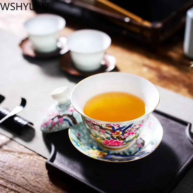 Jingdezhen porcelain art bird gaiwan ceramic flower tea bowl saucer lid kit master tea tureen drinkware gift 180ml