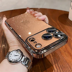 Luxury Transparent Glitter Clear Slim Case with Orange Pating Bumper and Lens Glass Hard Cover for iPhone 14 Pro Max (Desert Gold SFPC)