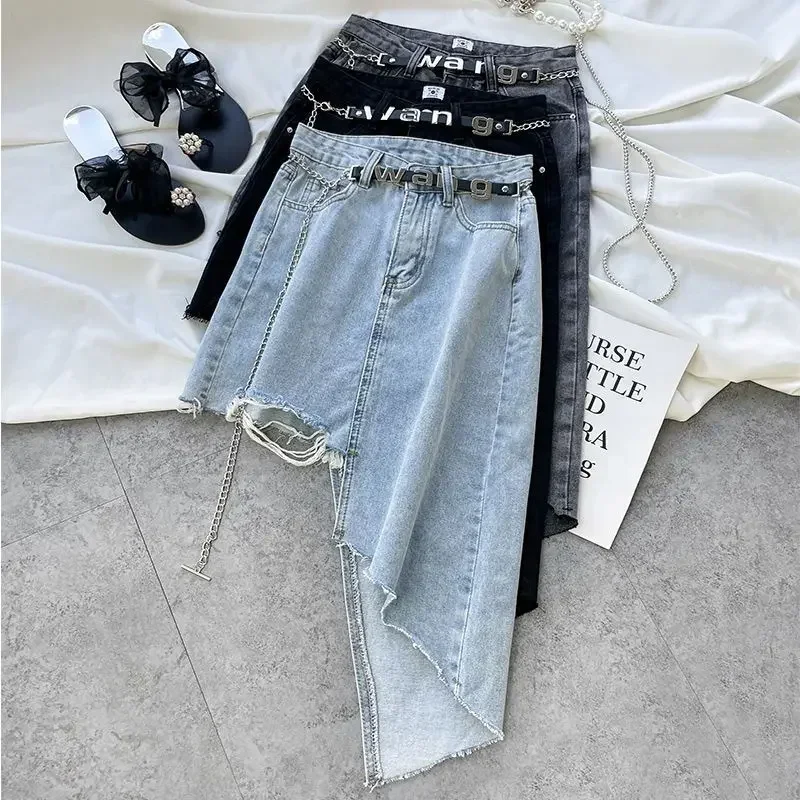 

Fashion Women's Skirt New High Waist Sashes Tie Streetwear Above Knee Denim Skirts Tide Irregular Summer 2024 New P319