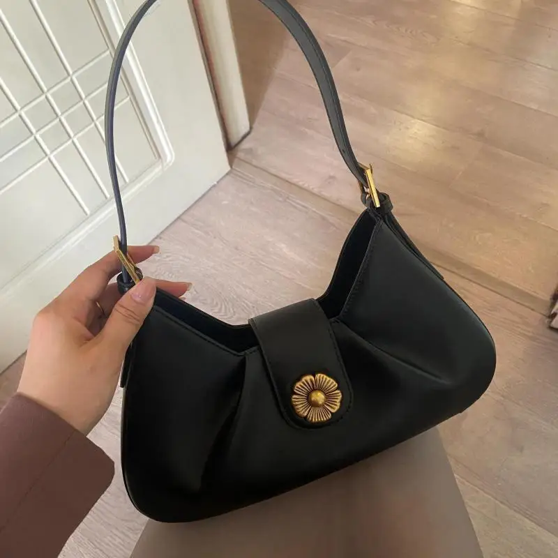 Retro Floral Handbag Women Leather Wrinkled Crescent Underarm Bag Ladies Fashion Minimalist Commute Versatile shoulder Bags 2025
