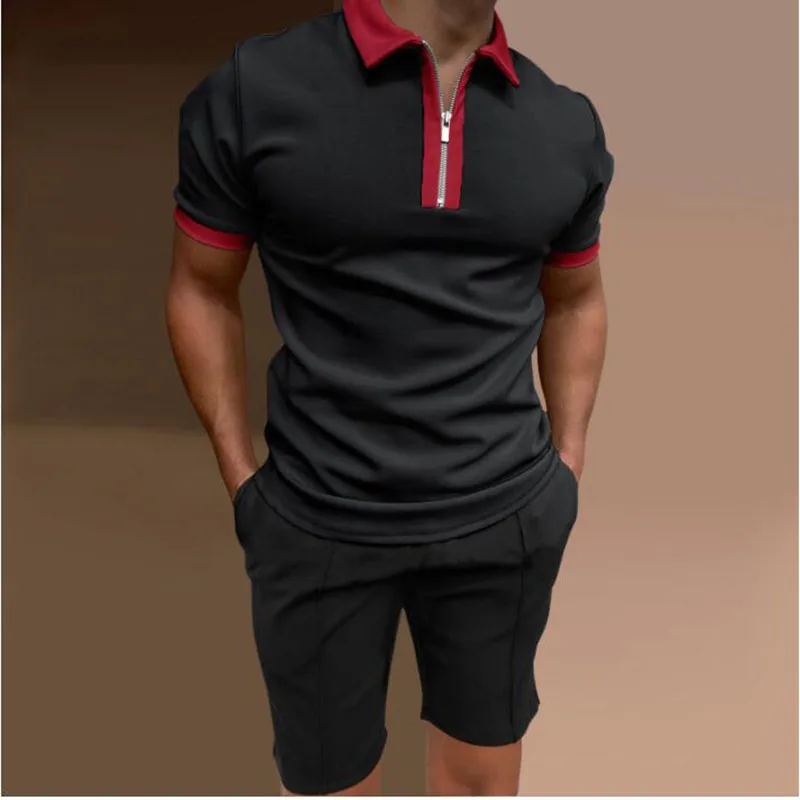 POLO Shirt 2022 Summer Men Fashion Lapel Half Zipper Short Sleeve T-Shirt Outdoor Casual Solid Color POLO Shirt Set 2 Piece Set mens matching sets