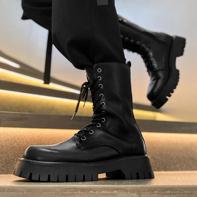 Men Mid Calf Boots Punk Fashion Lace Up Platform Side Zipper Fashion Streetwear