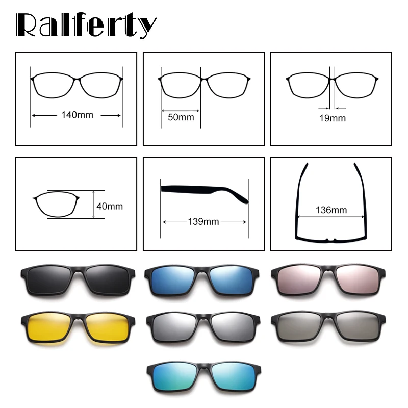 Ralferty 자석 선글라스 남자 안경에 편광 클립 여성 스퀘어 안경 TR90 UV400 3D 광학 프레임 7 In 1 Oculos A2247
