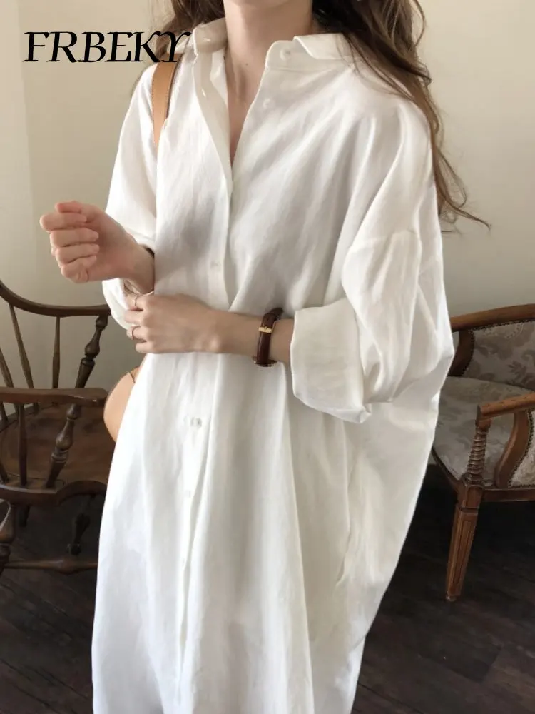 

Shirts and Blouses Spring Summer Simple Long Knee-length Shirt Solid Color Lapel Cardigan Shirt Elegant and Youth Woman Blouses