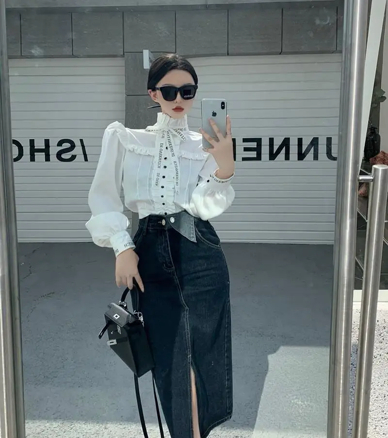 2024 Spring New Stand Collar Women Letter Butterfly Satin Surface Ruffles Patchwork Solid Color Long Sleeved All-match Shirt