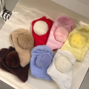 Sweet Plush Ball Ankle Socks Japanese JK Women Winter Fuzzy Plush Ankle Socks 066C