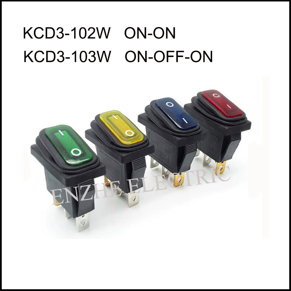 

Push Button Switch KCD3-102W/103W ON-ON Rocker Switch Red Yellow Blue Green Lens Illuminated Waterproof IP67 Multicolor 3PIN