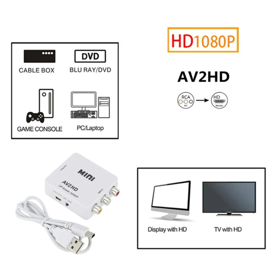 HDMI to AV RCA Converter Box Adapter HDMI-compatible To AV/CVSB L/R Video Full HD 1080P HD2AV Converter For PS4 TV PC Projector