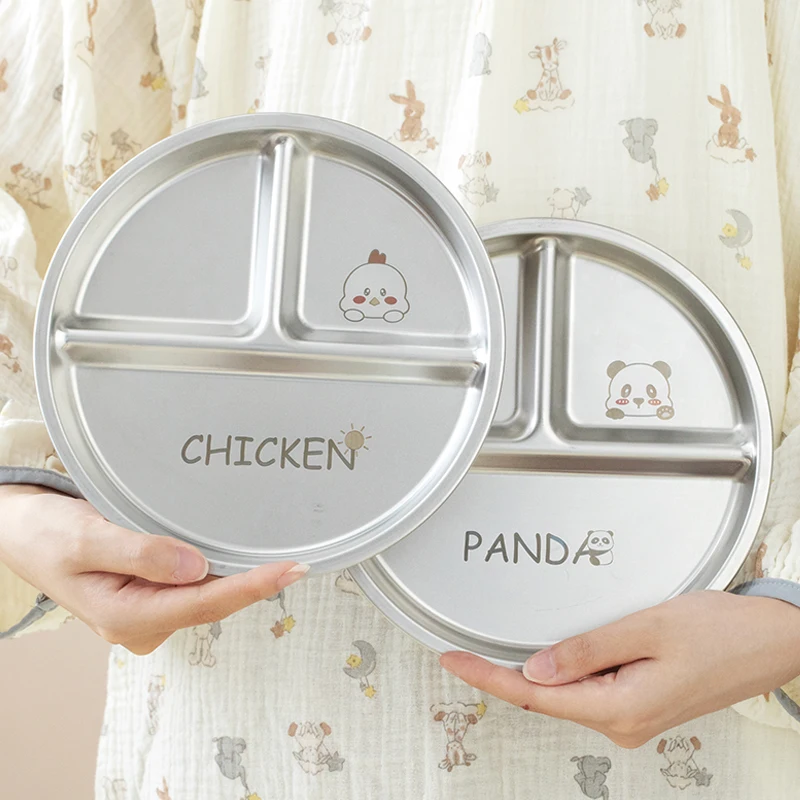 Round Dining Plate 304 Stainless Steel Food Plate Divided Breakfast 3 Grids Cute Tableware Stackable Fruit Salad Set