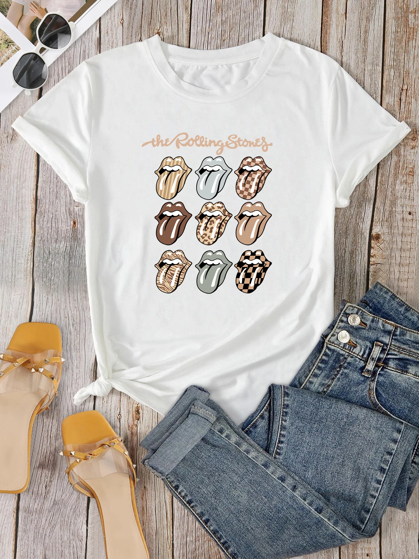 Plu Size 'The rolling tone' Tee,Print Crew Neck T-hirt,Women' Caual Looe Short Sleeve Fahion Summer T-Shirt_voghion.com