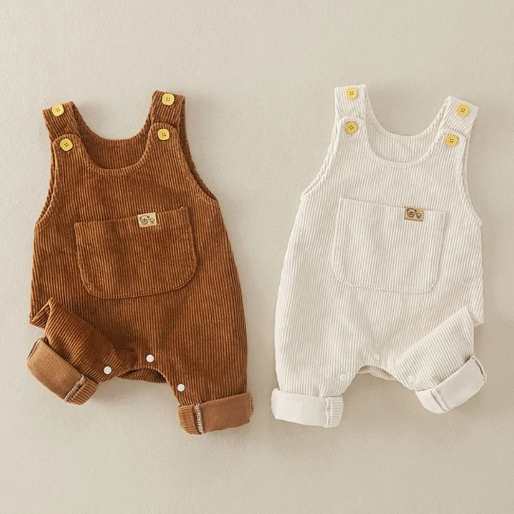 

2023 Autumn Baby Clothes Newborn Cute Sleeveless Corduroy Overalls Soft Solid Cotton Button Romper Kids Casual Strap Bodysuit