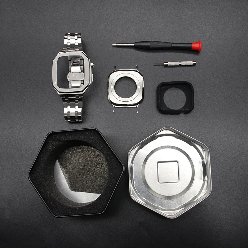 Kit de modificación de lujo para Apple Watch Serie 9, 8, 7, 44mm, 45mm, correa de caja biselada para IWatch 6, 5, 4 SE, correa de acero inoxidable 2024