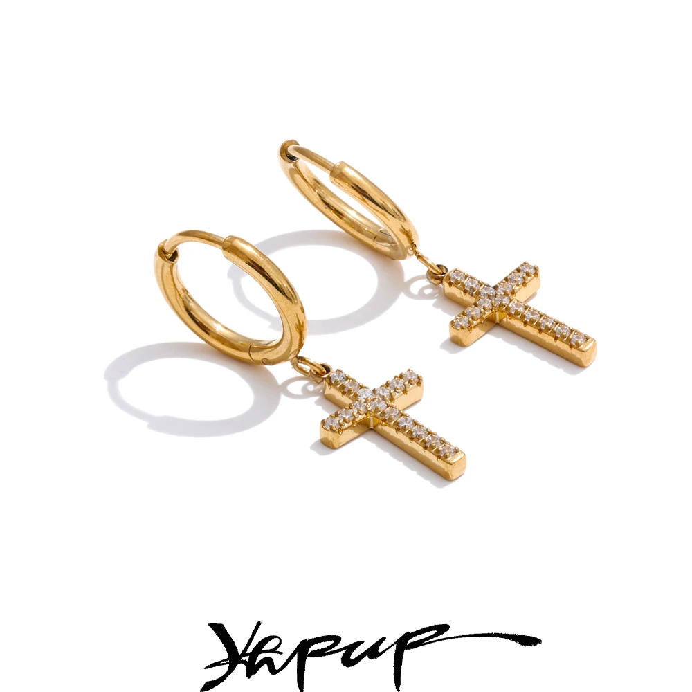 Yhpup CNC Cubic Zirconia Cross Drop Dangle Earrings Women