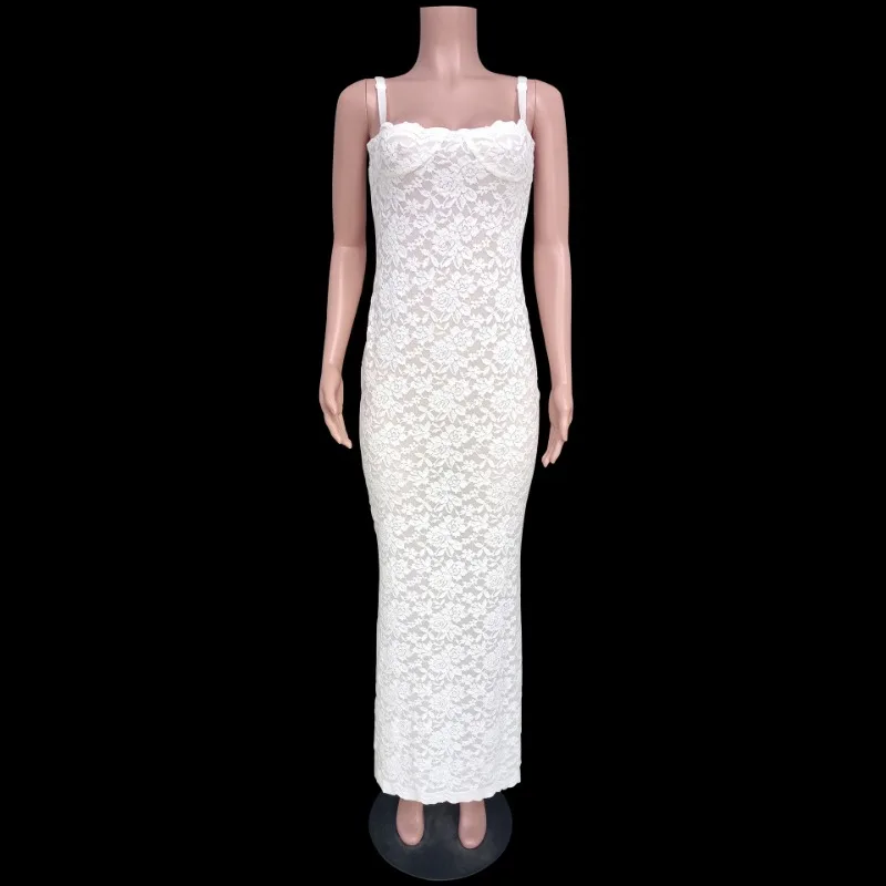 Lace Black Dress Female Slim Hollow Out Spaghetti Backless Dress Elegant Party Evening Gown Split Women Maxi Dress Summer
