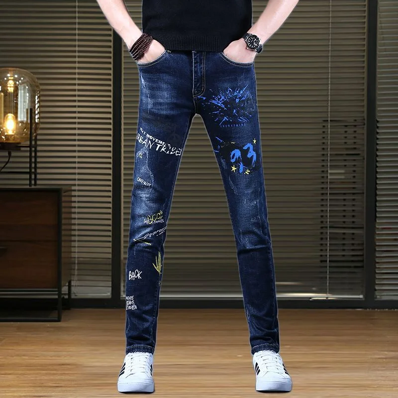 

New arrive light luxury men’s blue jeans pants,Trendy Korea style slim pants,3D print street pants,Cool casual jeans men;