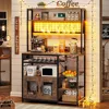 Kitchen Bakers Rack with Storage Shelves, Microwave Stand with Power Outlet and LED Light, Coffee Bar Cabinet Wire Basket Metal 1