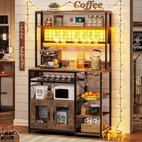 Kitchen Bakers Rack with Storage Shelves, Microwave Stand with Power Outlet and LED Light, Coffee Bar Cabinet Wire Basket Metal 1