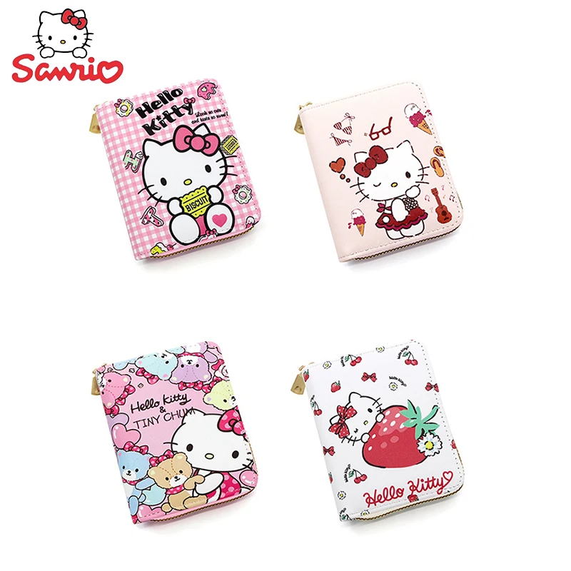 

Мини-кошелек Hello Kitty, милый бумажник с кармашком для мелочи, мультяшный маленький короткий держатель для карт, кошелек на молнии, подарок для девушек и студенток