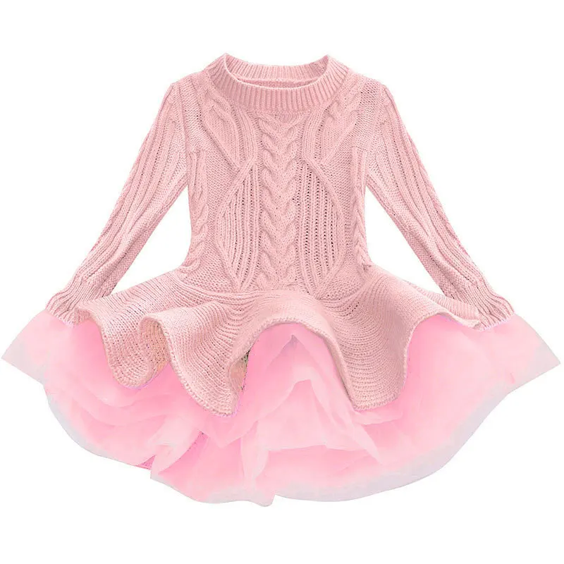 Knitted and Ruffled Girls Winter Dress pink