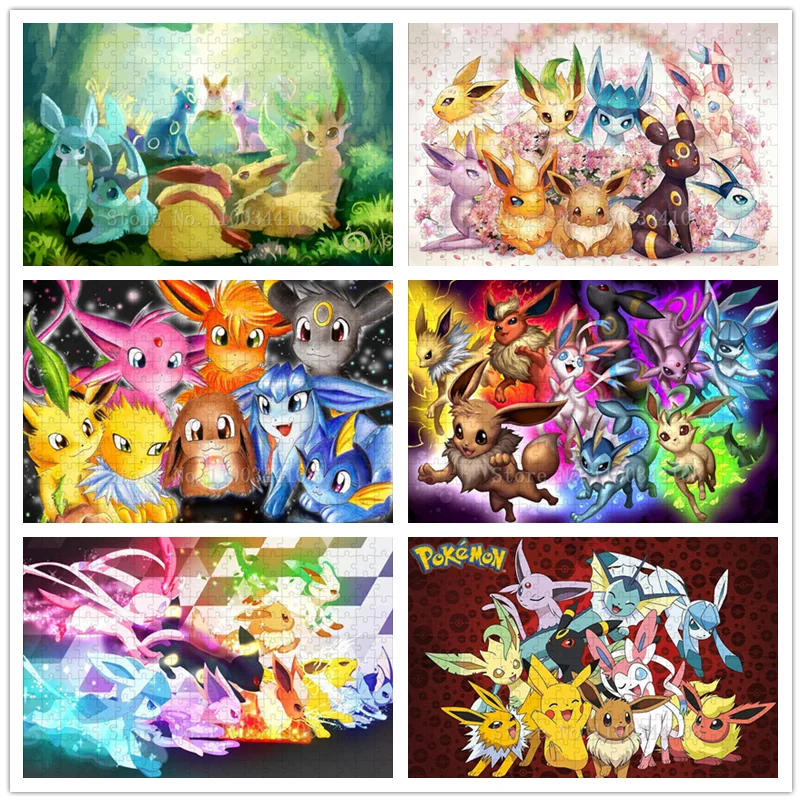 Pokenon Pikachu Eeveelutions Jigsaw Puzzles 300/500/1000 PCS Anime Fan Art Puzzles for Adults Parent-Child Interactive Game Toys