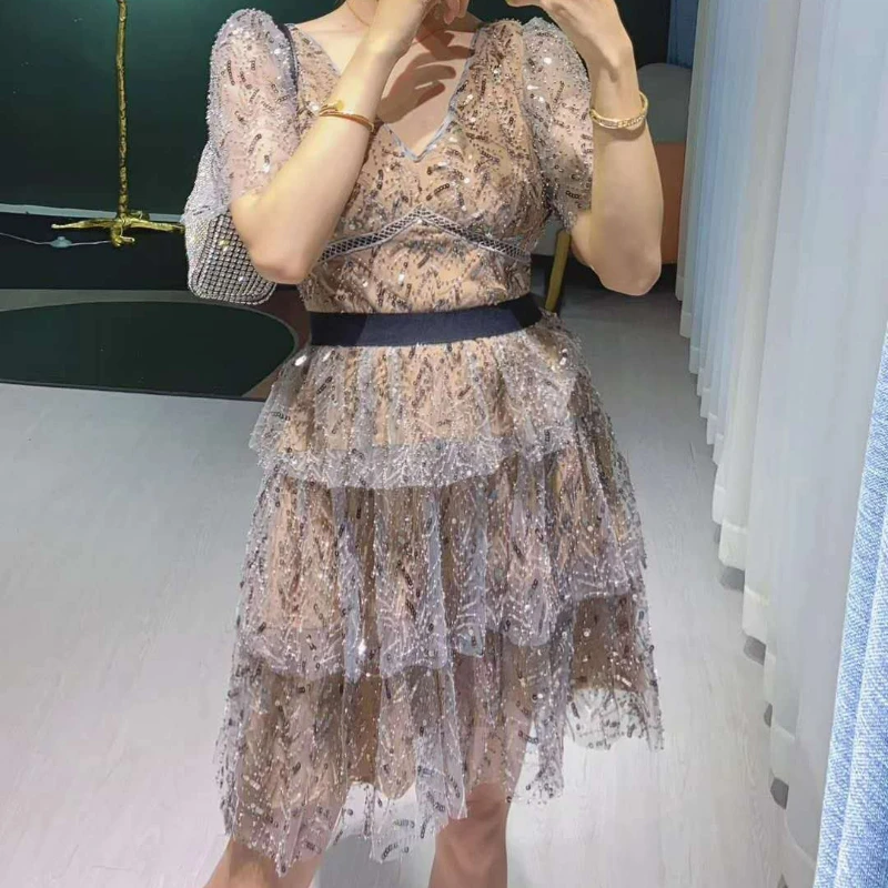 

Women Smoky Gray Sequin Heavy Embroidery Beaded Waist V-neck Short Dress 2023 Spring and Summer New Style