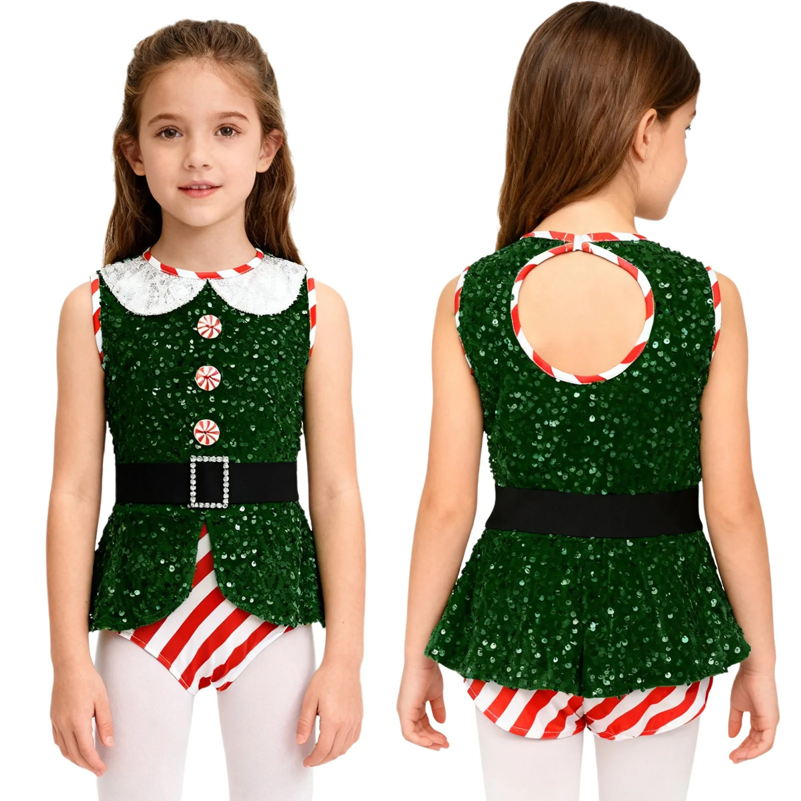 Kinder Mädchen Weihnachten Ballett Tanz Gymnastik Eiskunstlauf Trikot Weihnachten Zuckers tange Bodysuit ärmellose Streifen Pailletten Overall – Detail 17