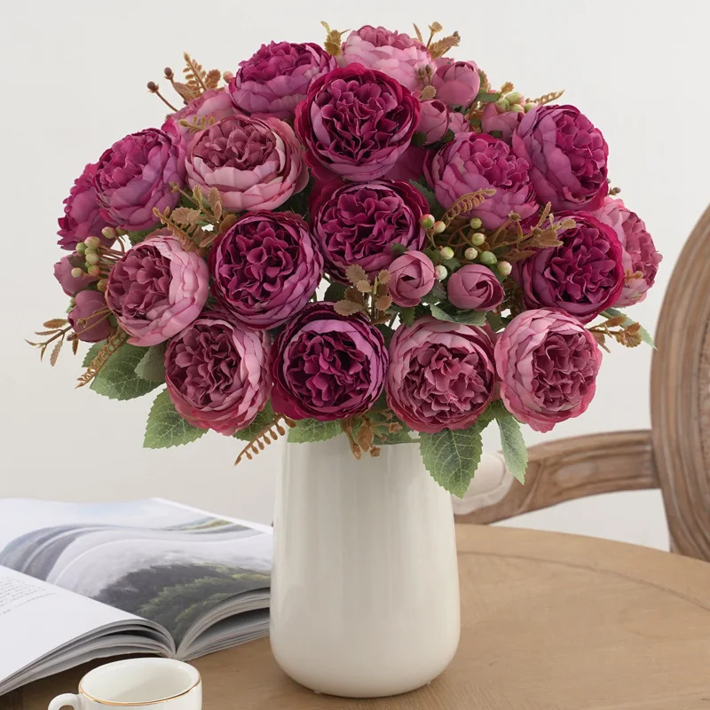 Floweroyal 4 mazzi di peonie artificiali, fiori di rosa finti in seta, bouquet vintage per matrimoni, feste, centrotavola, composizioni floreali, decorazione per la casa e la cucina (rosa scuro
