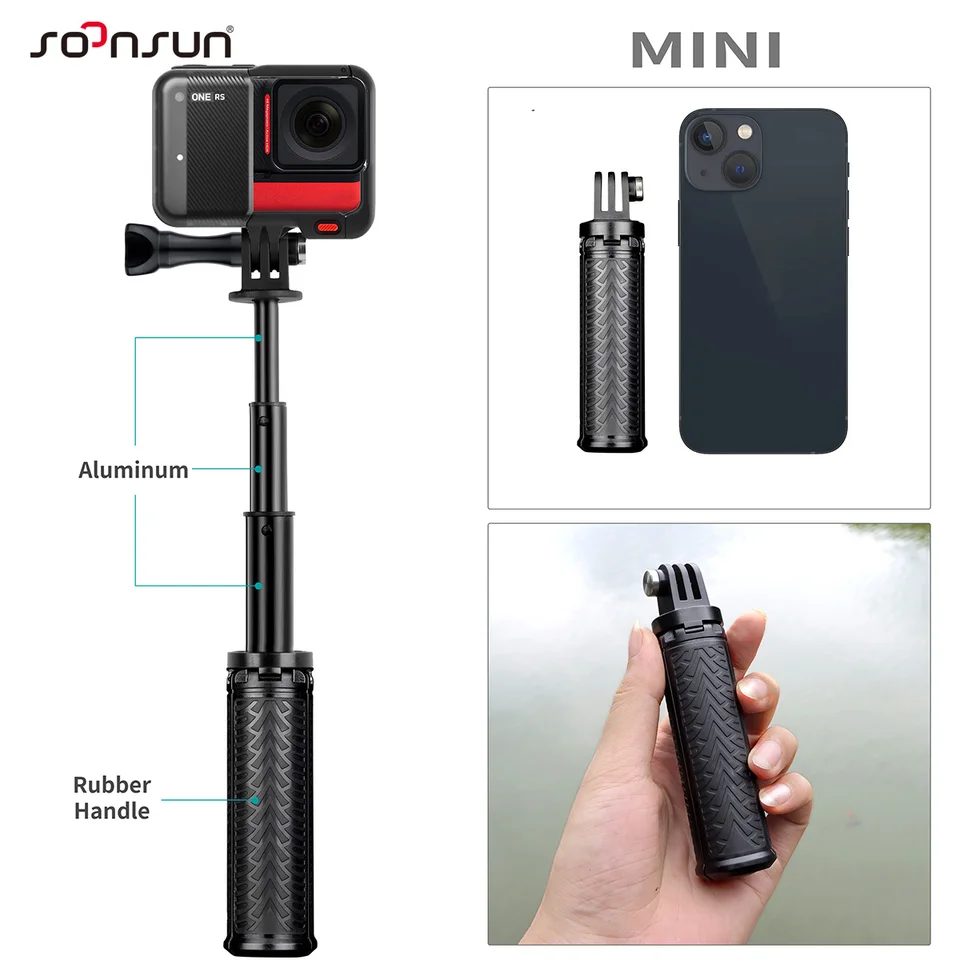 TELESIN° 2-in-1 Mini Statief Selfie Stick voor DJI Osmo Action 5 Pro/4 GoPro Hero 13/12/11 Insta360 iPhone Andorid, draagbare intrekbare reizen selfie stick voor vlog schieten, actie camera