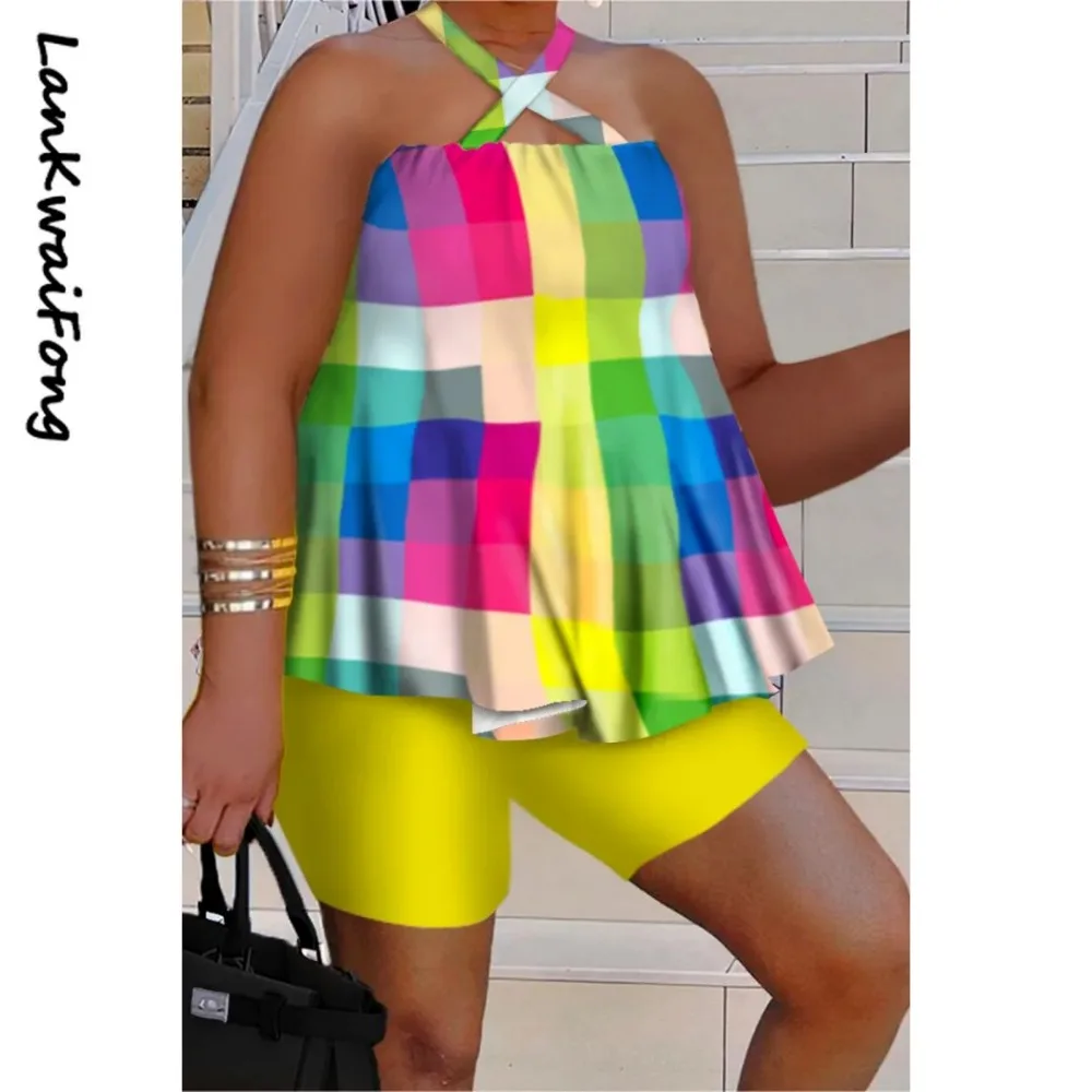 Summer New Hanging Neck Off Shoulder Top and Shorts Two Piece Women's Loose Color Print Street Style Casual Set