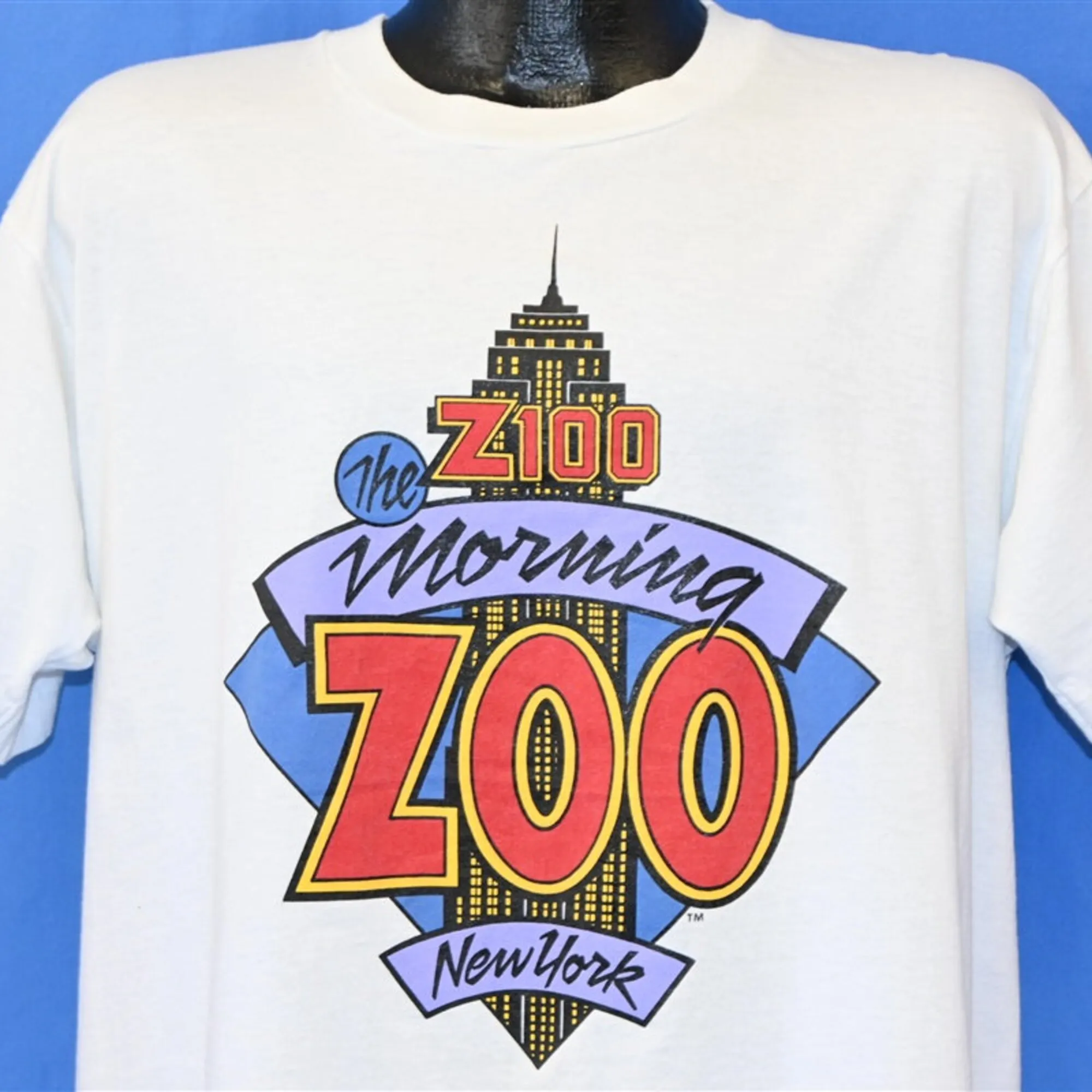 Maglietta Anni '90 Z100 New York Morning Zoo Radio Station Empire State Building Extra Large