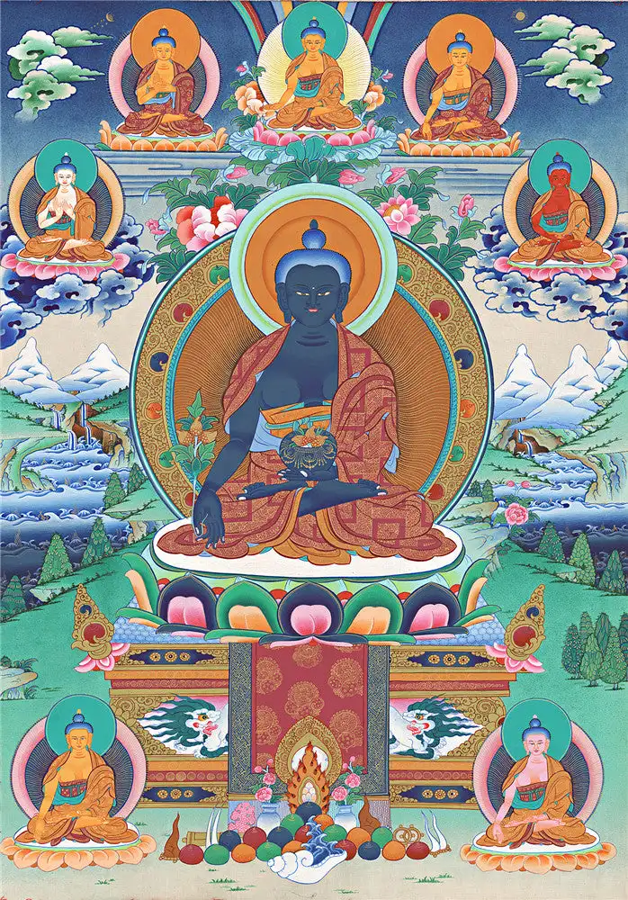 Muslimate Thangka - Eight Medicine Buddhas, Ganganra Buddista Tibetano Thangka Art, Giclée Stampato E Incorniciato A Mano, 47 "X 32"