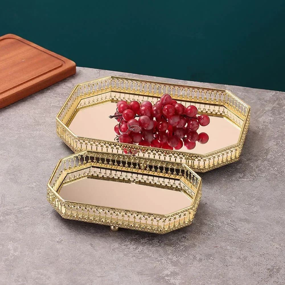 Vintage European mirror glass metal storage tray gold rectangle/round fruit plate desktop small items jewelry display tray plate