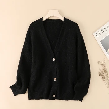 Black Cashmere Blend Wool Soft Winter Warm Knitted V-Neck Women's Cardigans Sweater Korean Fashion Casual Cardigan For Women 1