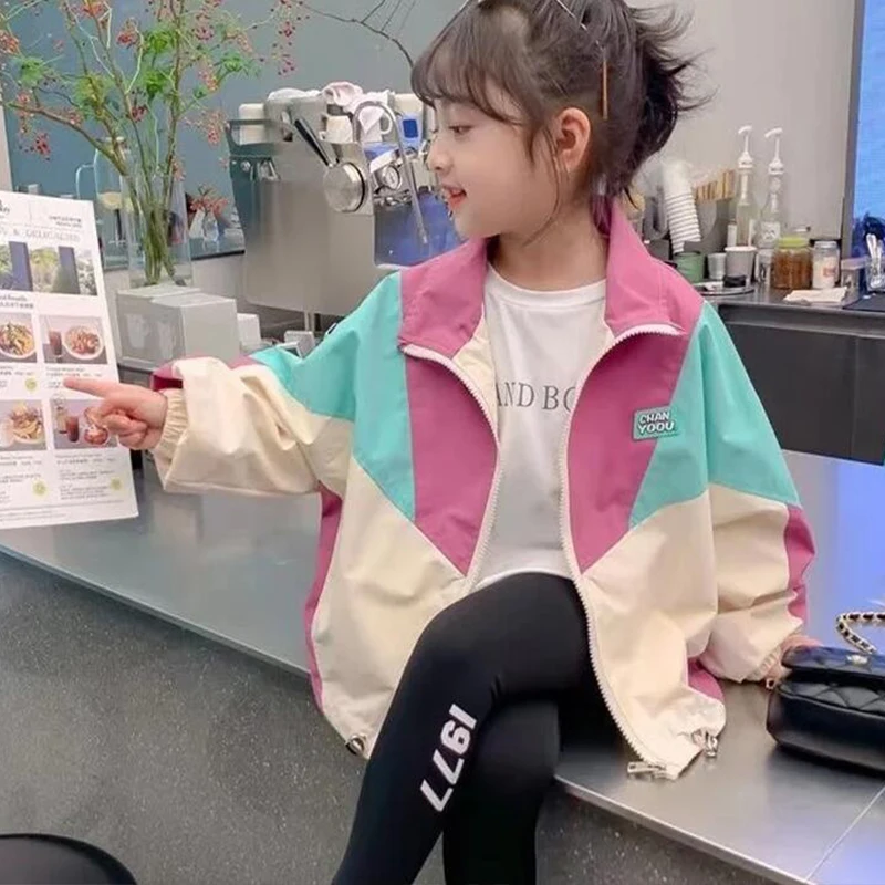 Girls Colorblocked Baseball Trench Jacket - Spring Autumn Casual Outerwear Ages 2-10