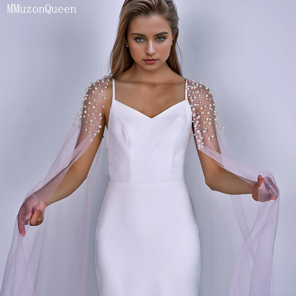 TOPQUEEN Luxuriöser Brautcape für Damen mit langer Schleppe und Perlenverzierung, einlagiger transparenter Netzschal MG42-L – Detail 9
