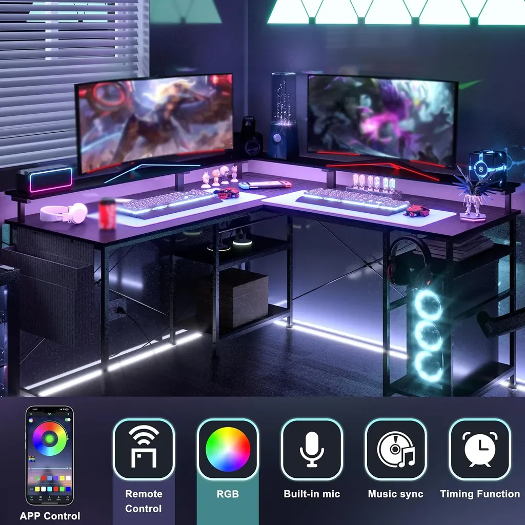 Besiost Scrivania Da Gioco Con Luci LED E Prese Integrate – 120x50x75 Cm, Con Ripiani Portaoggetti E Supporto Monitor, Nera