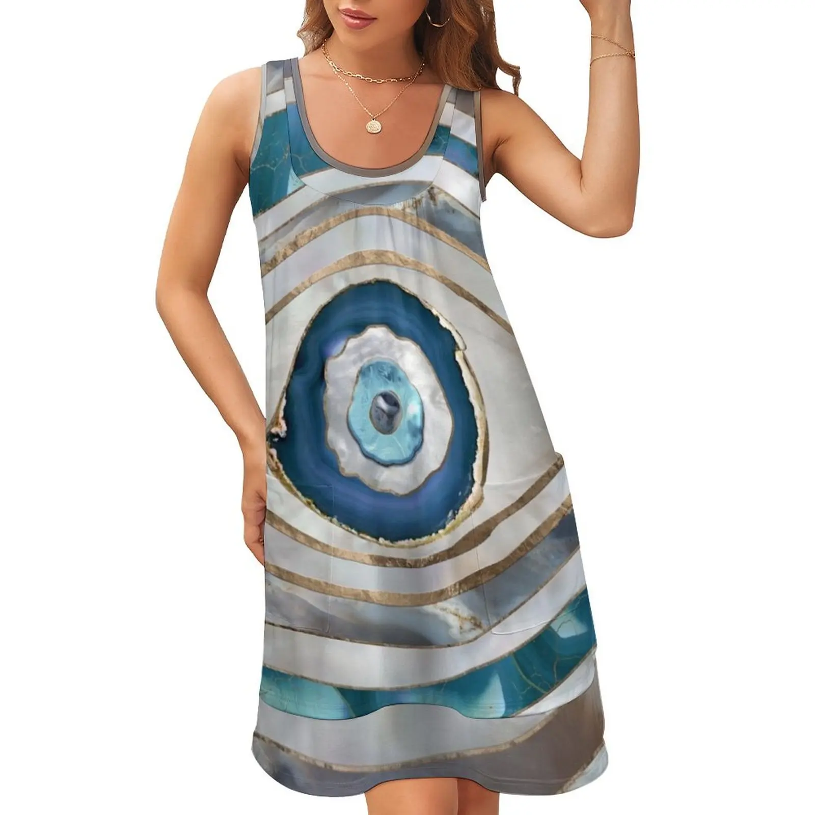 

Evil Eye Mineral textures and gold Sleeveless U-Neck Fake Two Piece Dress Female clothing