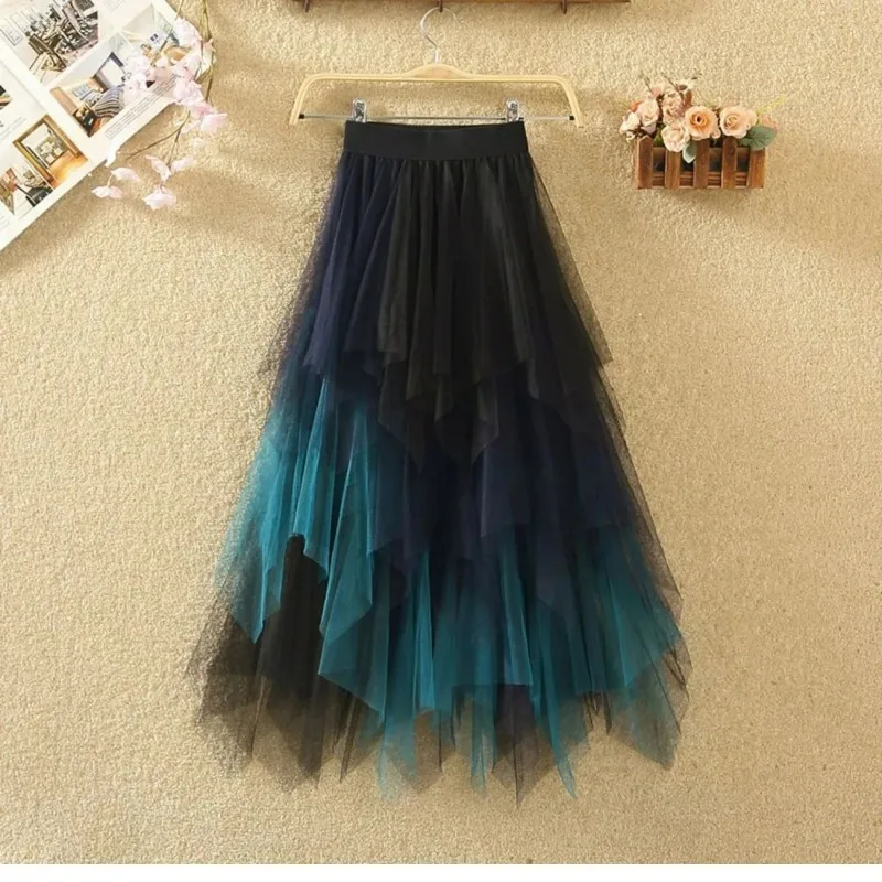 

Gradient Irregular Mesh Skirts Women High Waist Party Fashion Patchwork Skirts Female Casual Loose Popular Cute Skirts Faldas
