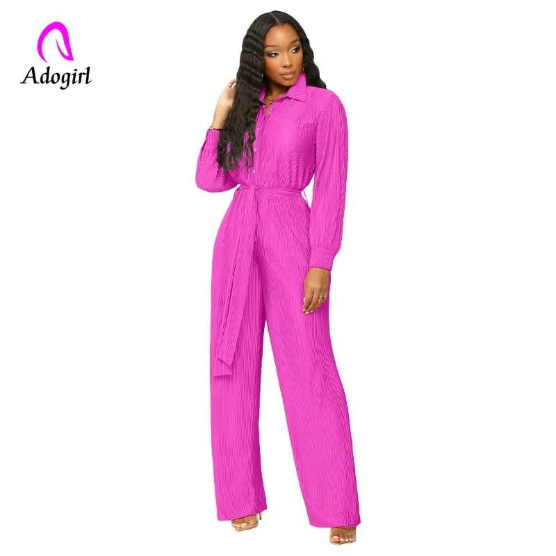 

Pleated Loose Jumpsuit with Belt 2023 Fall Winter Solid Women Turn Down Collar Long Sleeve Buttons Romper Wide Leg Pants Overall