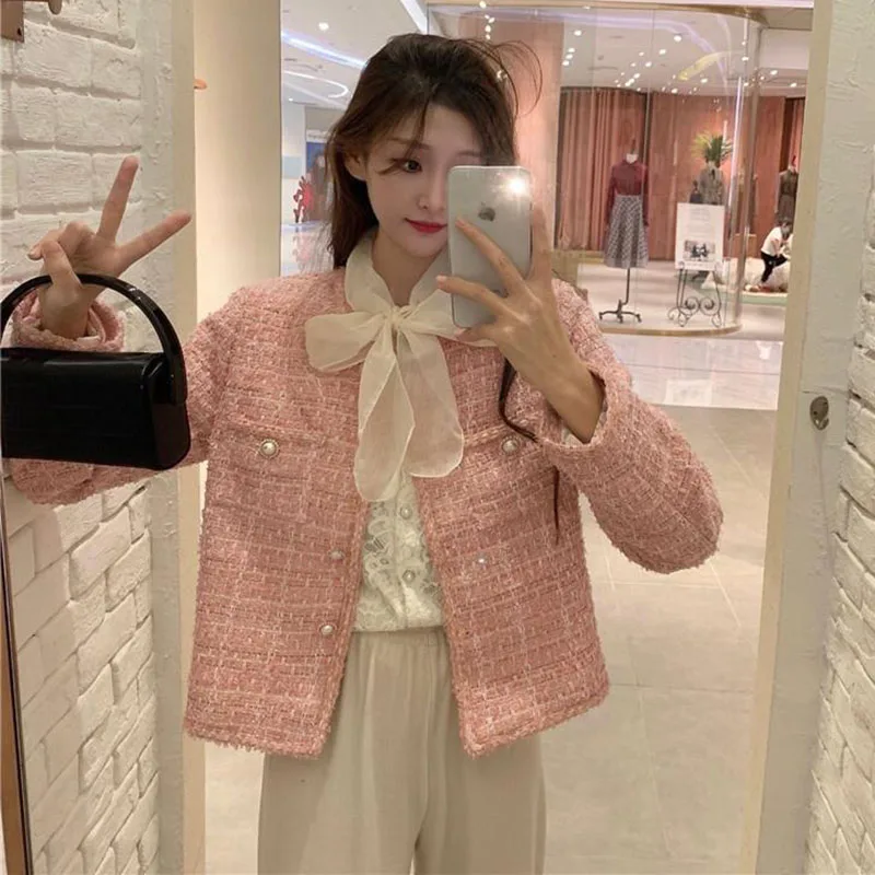Women Sweet Cropped Jacket Korean Fashion Round Neck Plaid Pink Coat All-Match Spring Autumn Luxury Coat Single Breasted Outwear