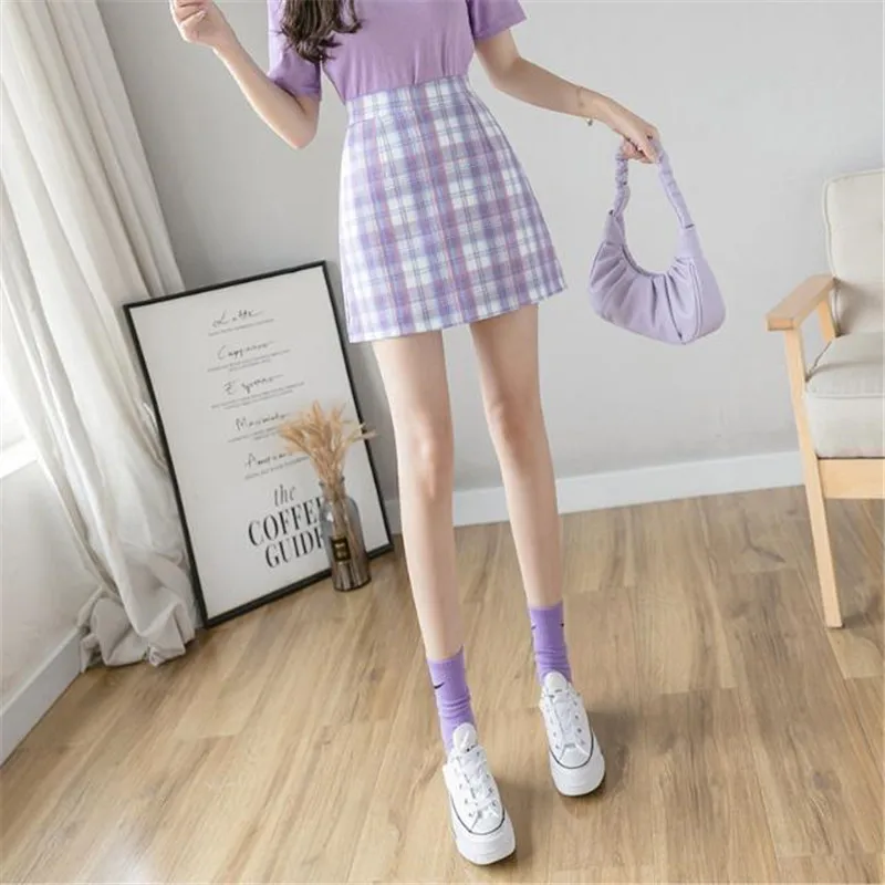 pleated midi skirt 2022 New Summer Purple A-Line Plaid Skirt Women High Waist Sexy Short Skirt Bag Hip All-Match Girl College Style long skirts for women