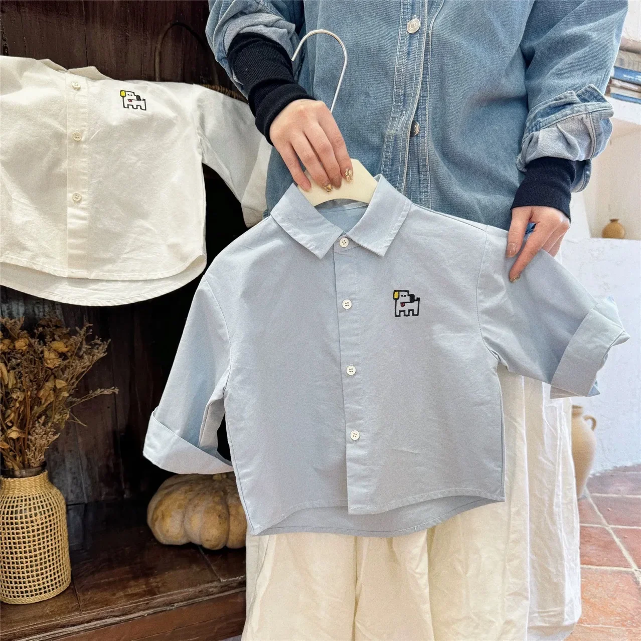 Long Sleeve Children's Shirt Pure Color Dog Pattern Boy Spring Autumn Baby Korean Style Pure Cotton Top